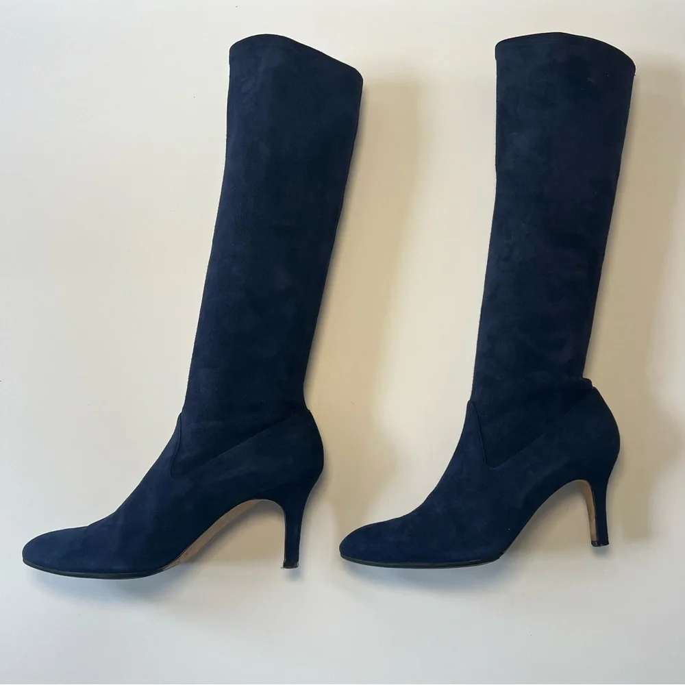Manolo Blahnik Pamfilo 90mm Navy Blue‎ Stretch Suede Over Knee Tall Boots 38.5
